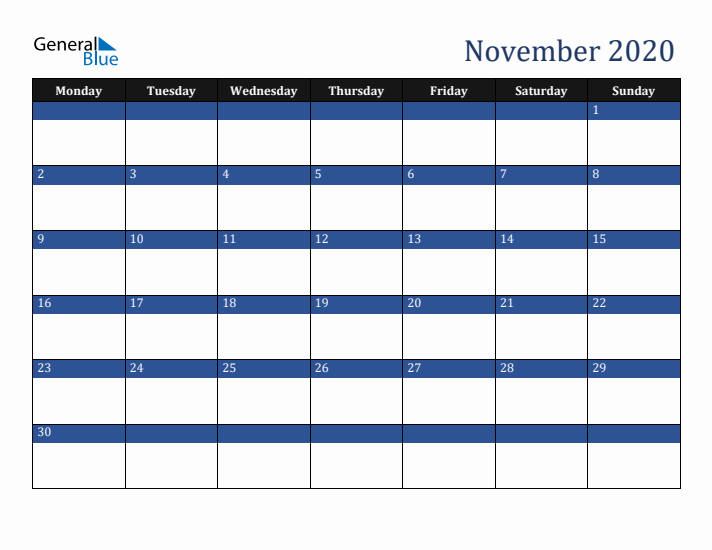Monday Start Calendar for November 2020