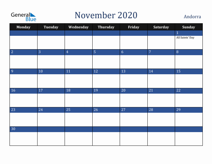 November 2020 Andorra Calendar (Monday Start)