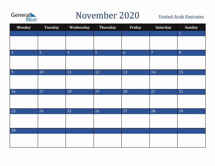 November 2020 United Arab Emirates Calendar (Monday Start)