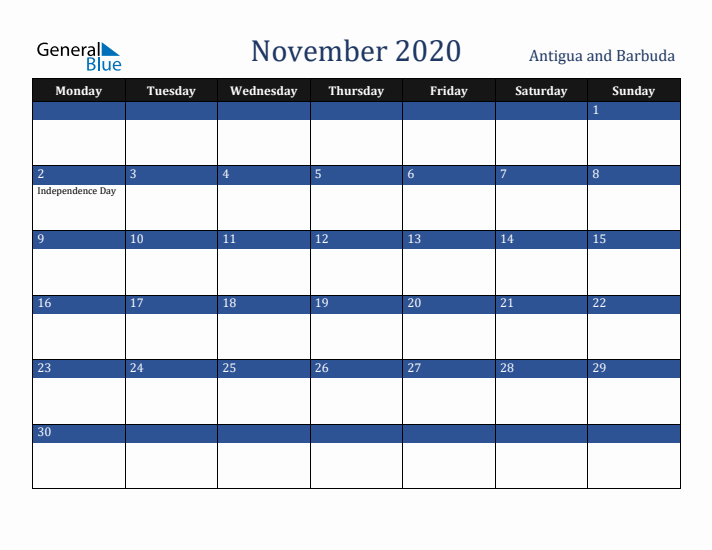 November 2020 Antigua and Barbuda Calendar (Monday Start)