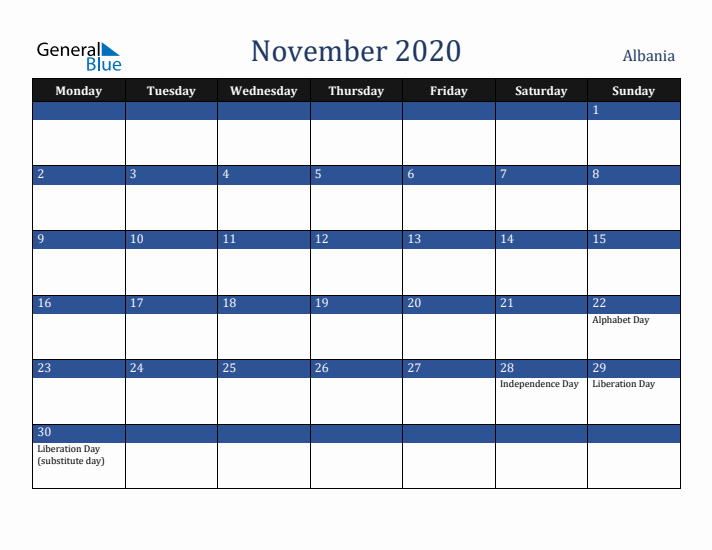 November 2020 Albania Calendar (Monday Start)
