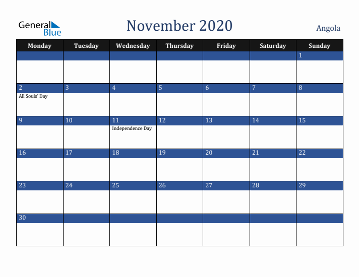 November 2020 Angola Calendar (Monday Start)