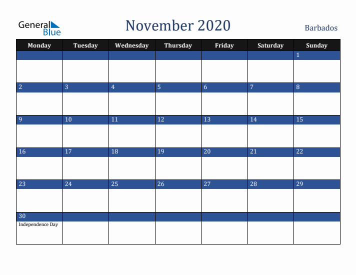 November 2020 Barbados Calendar (Monday Start)