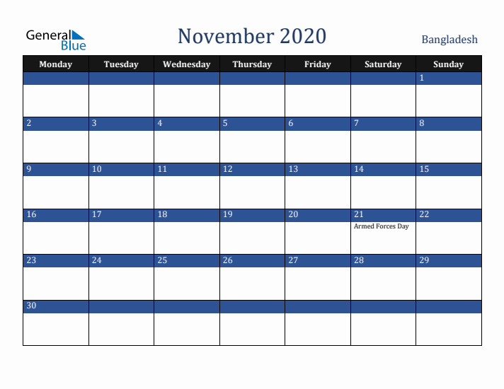 November 2020 Bangladesh Calendar (Monday Start)