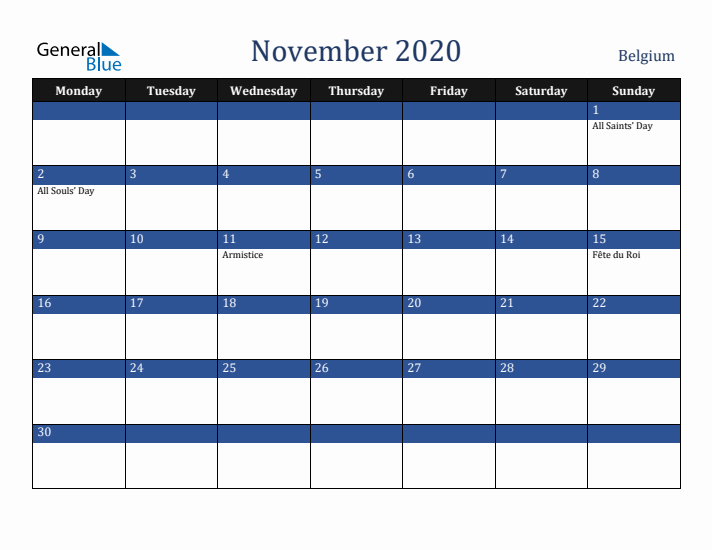 November 2020 Belgium Calendar (Monday Start)