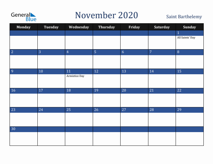 November 2020 Saint Barthelemy Calendar (Monday Start)