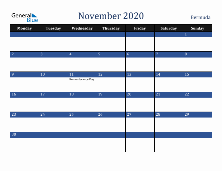 November 2020 Bermuda Calendar (Monday Start)