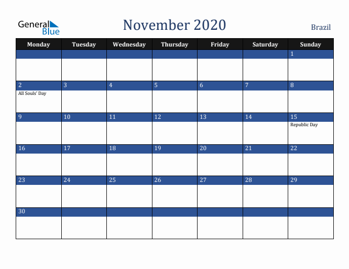 November 2020 Brazil Calendar (Monday Start)