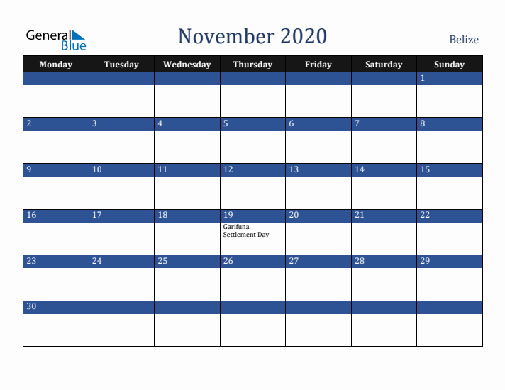 November 2020 Belize Calendar (Monday Start)