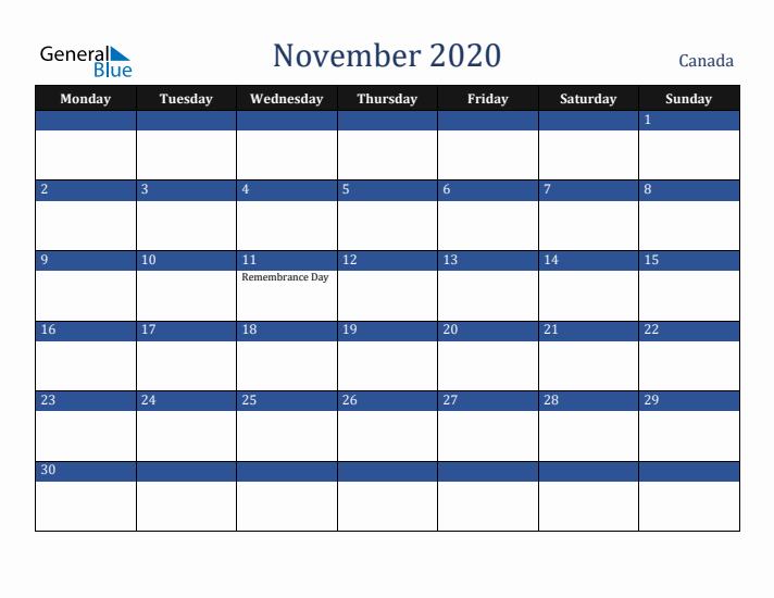 November 2020 Canada Calendar (Monday Start)