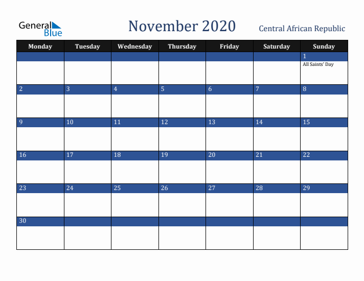 November 2020 Central African Republic Calendar (Monday Start)