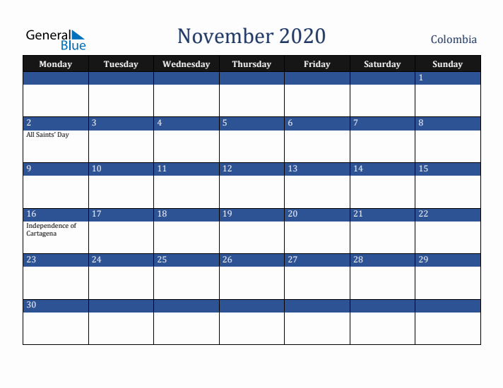 November 2020 Colombia Calendar (Monday Start)
