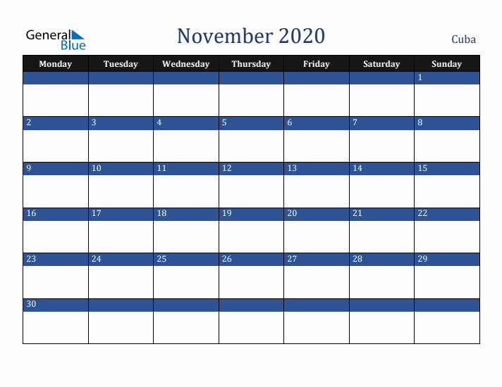 November 2020 Cuba Calendar (Monday Start)