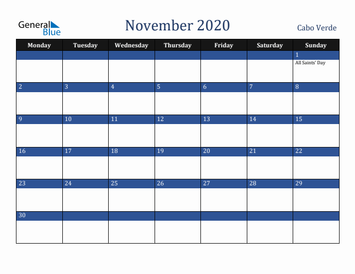 November 2020 Cabo Verde Calendar (Monday Start)