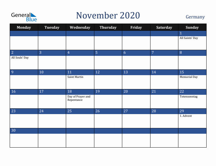November 2020 Germany Calendar (Monday Start)