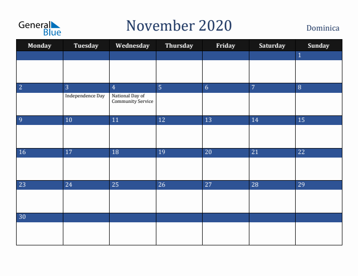 November 2020 Dominica Calendar (Monday Start)
