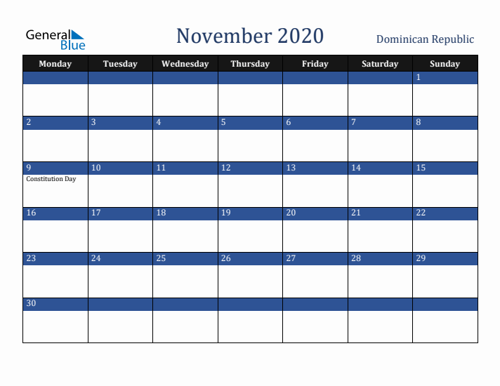 November 2020 Dominican Republic Calendar (Monday Start)