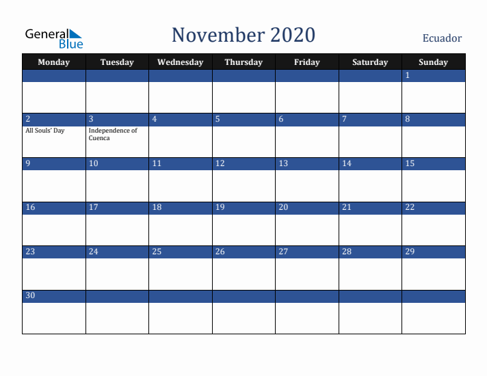 November 2020 Ecuador Calendar (Monday Start)