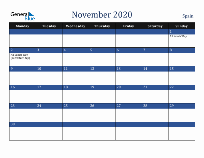 November 2020 Spain Calendar (Monday Start)
