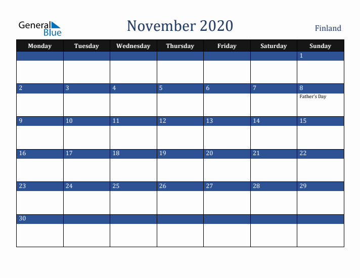 November 2020 Finland Calendar (Monday Start)
