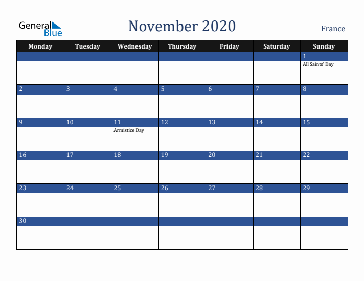 November 2020 France Calendar (Monday Start)