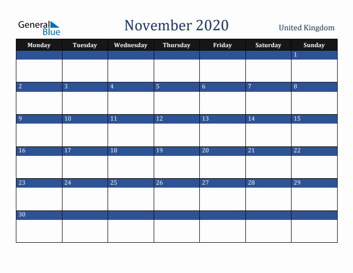 November 2020 United Kingdom Calendar (Monday Start)
