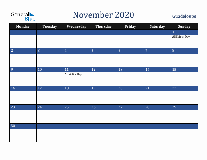 November 2020 Guadeloupe Calendar (Monday Start)