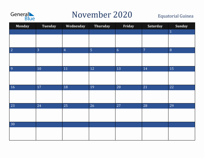 November 2020 Equatorial Guinea Calendar (Monday Start)