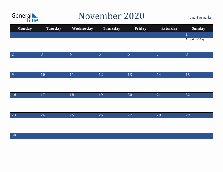 November 2020 Guatemala Calendar (Monday Start)