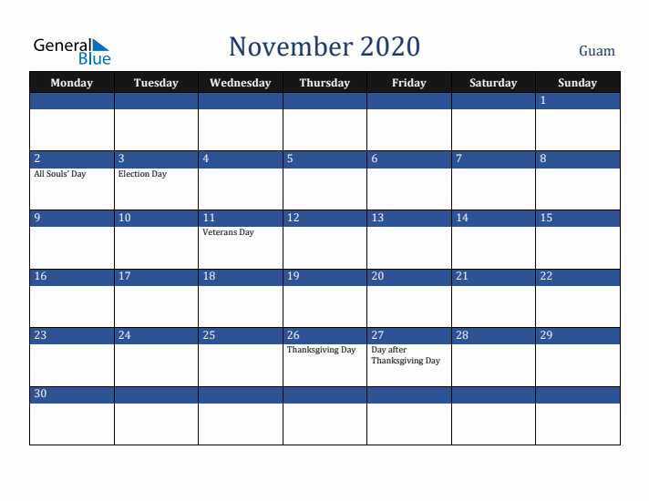 November 2020 Guam Calendar (Monday Start)