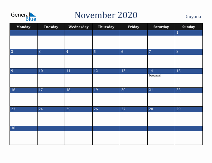November 2020 Guyana Calendar (Monday Start)
