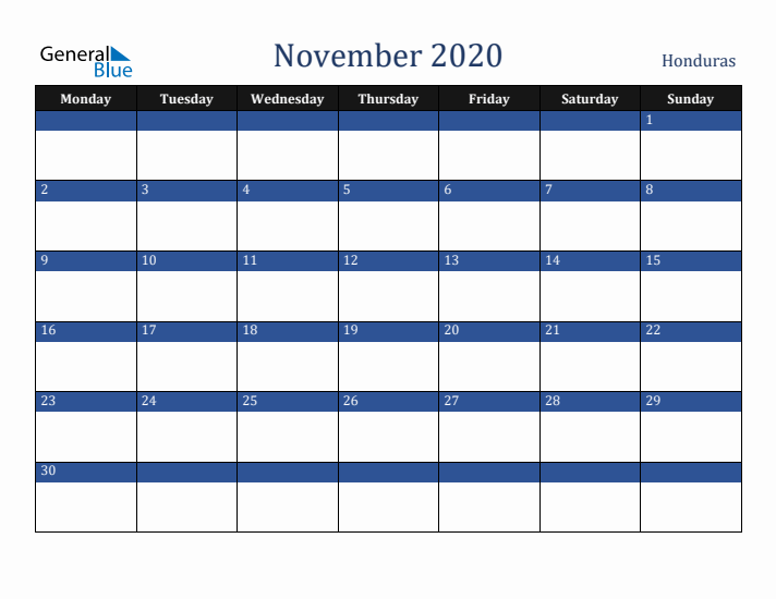 November 2020 Honduras Calendar (Monday Start)
