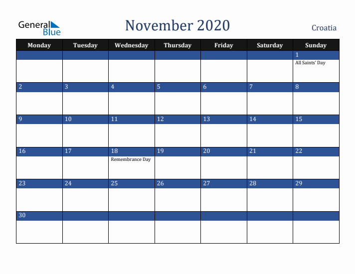 November 2020 Croatia Calendar (Monday Start)
