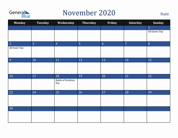November 2020 Haiti Calendar (Monday Start)