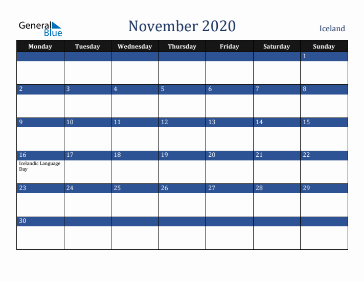 November 2020 Iceland Calendar (Monday Start)