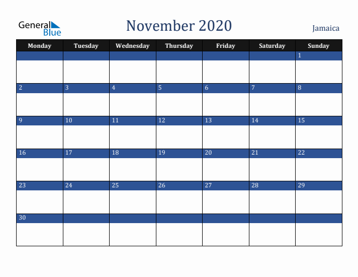 November 2020 Jamaica Calendar (Monday Start)