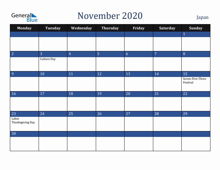 November 2020 Japan Calendar (Monday Start)