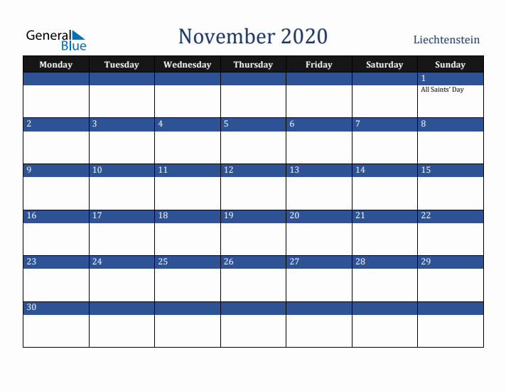 November 2020 Liechtenstein Calendar (Monday Start)