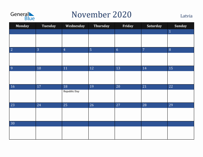 November 2020 Latvia Calendar (Monday Start)