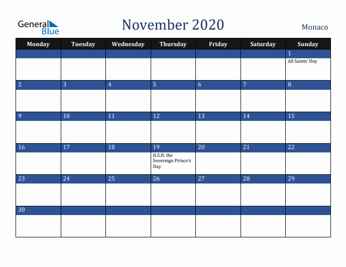 November 2020 Monaco Calendar (Monday Start)