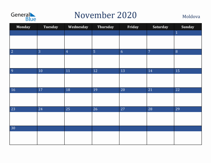 November 2020 Moldova Calendar (Monday Start)
