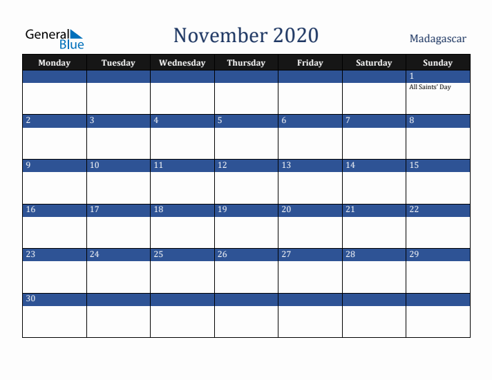 November 2020 Madagascar Calendar (Monday Start)