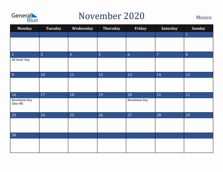 November 2020 Mexico Calendar (Monday Start)