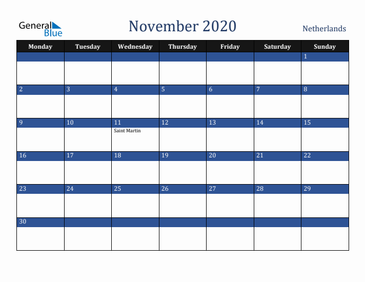 November 2020 The Netherlands Calendar (Monday Start)