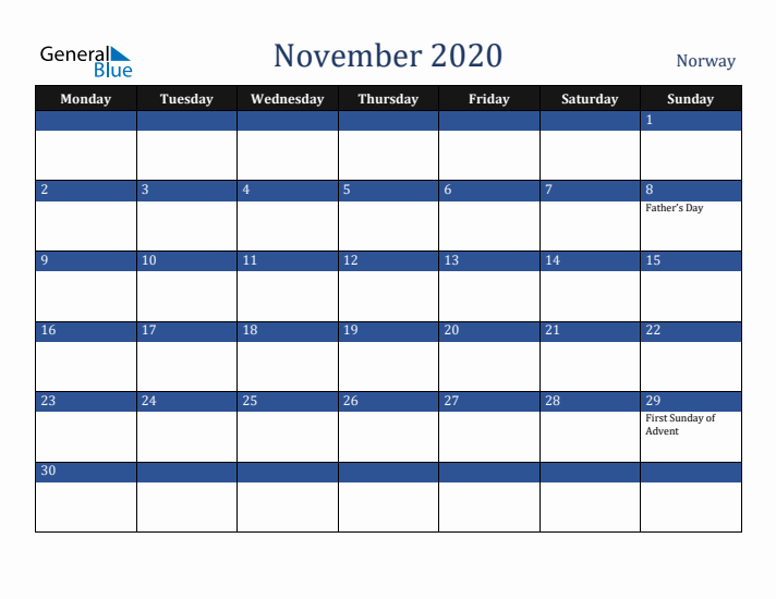 November 2020 Norway Calendar (Monday Start)