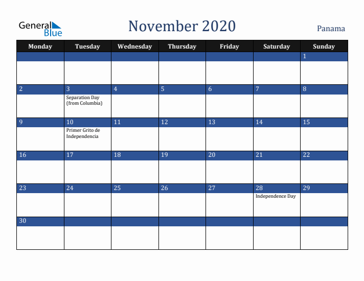 November 2020 Panama Calendar (Monday Start)
