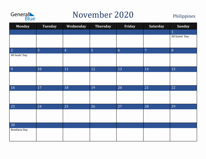 November 2020 Philippines Calendar (Monday Start)