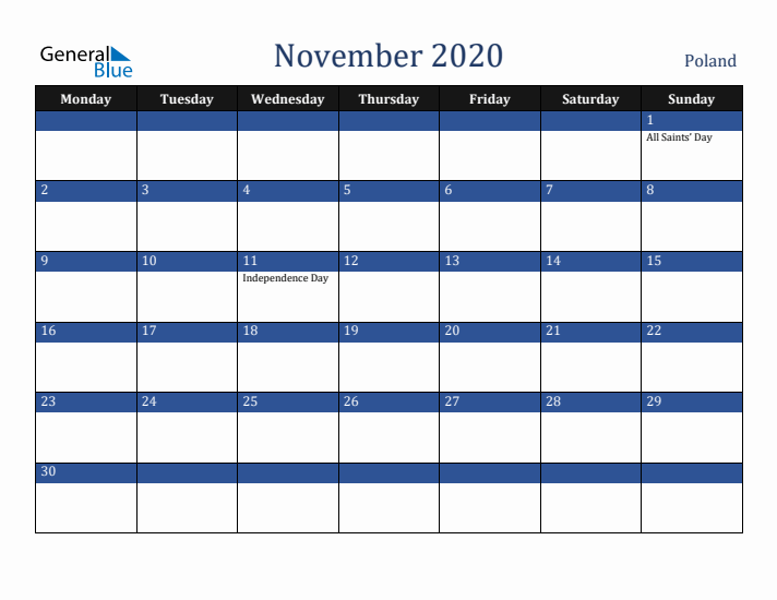 November 2020 Poland Calendar (Monday Start)