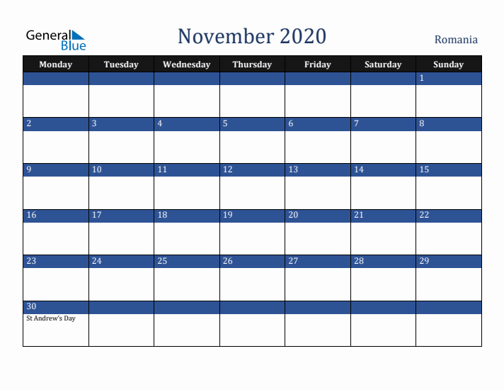 November 2020 Romania Calendar (Monday Start)