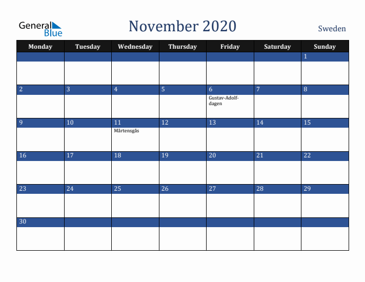 November 2020 Sweden Calendar (Monday Start)